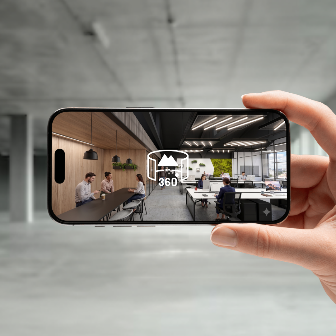 phone showing 360° view of render for office designed by thus studio