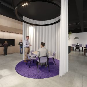 meeting hub divided by curtains in office design by thus studio