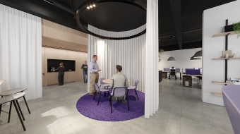 meeting hub divided by curtains in office design by thus studio