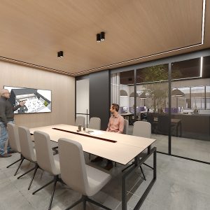 private meeting room with wooden walls and ceiling designed by thus studio