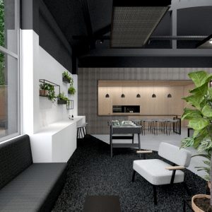 playfull seating corner with plants in a sleek office design by thus studio