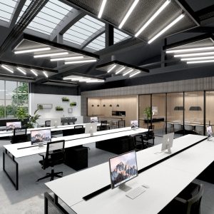 industrial looking black and white office design by thus studio