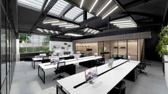 industrial looking black and white office design by thus studio