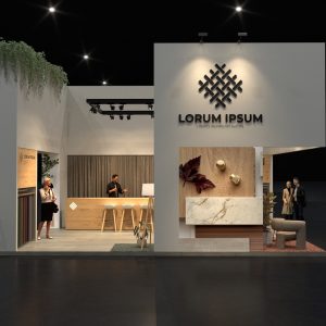 front view of warm and cosy exhibition stand for textiles designed by thus studio