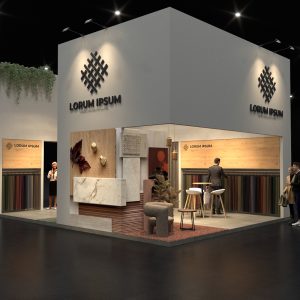 warm neutral toned exhibition stand with oak panels and textile samples designed by thus studio