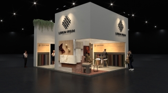 warm neutral toned exhibition stand with oak panels and textile samples designed by thus studio