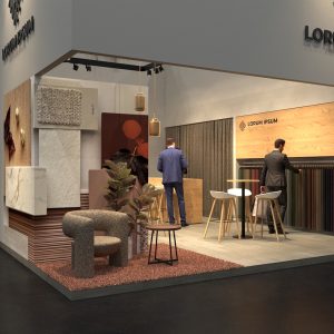 warm beige walls with oak panels above textile samples in exhibition stand design by thus studio
