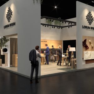 japandi style exhibition stand with accent lighting designed by thus studio
