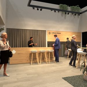 beige walls with oak panels above textile samples in cosy interior of exhibition stand design by thus studio